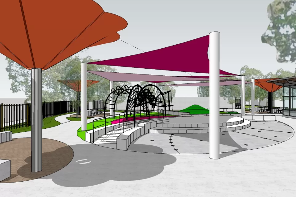 Rendering of pocket park with seating and shade